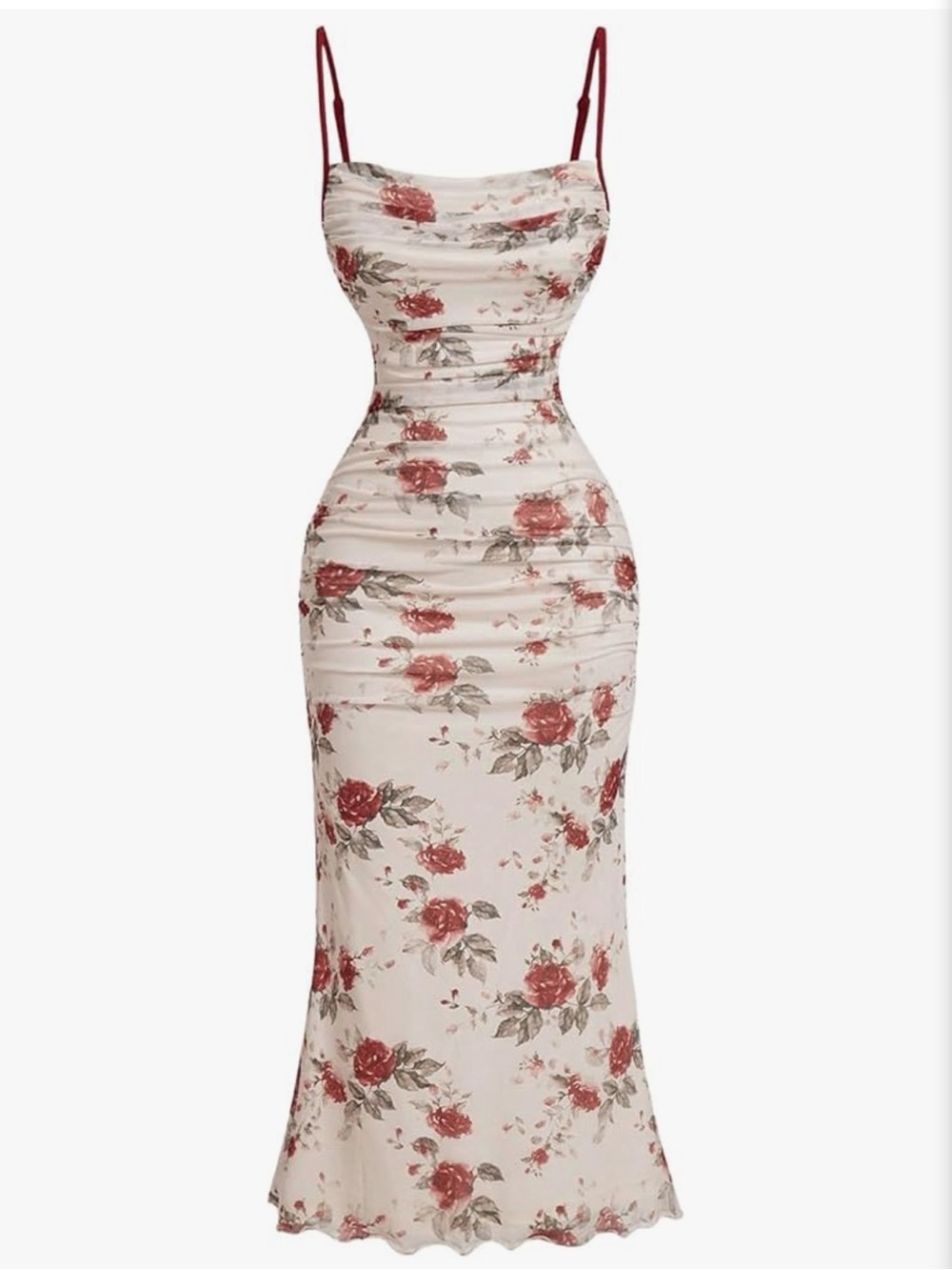 Ruched Floral Cowl-Neck Maxi Dress in Cream and Rose